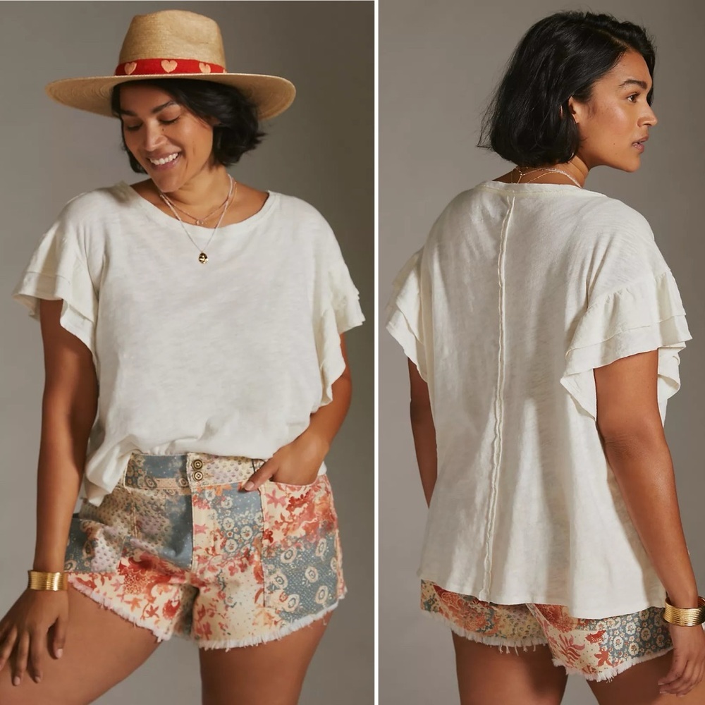 Anthropologie Cream Ruffle Sleeve Short Sleeve Tee